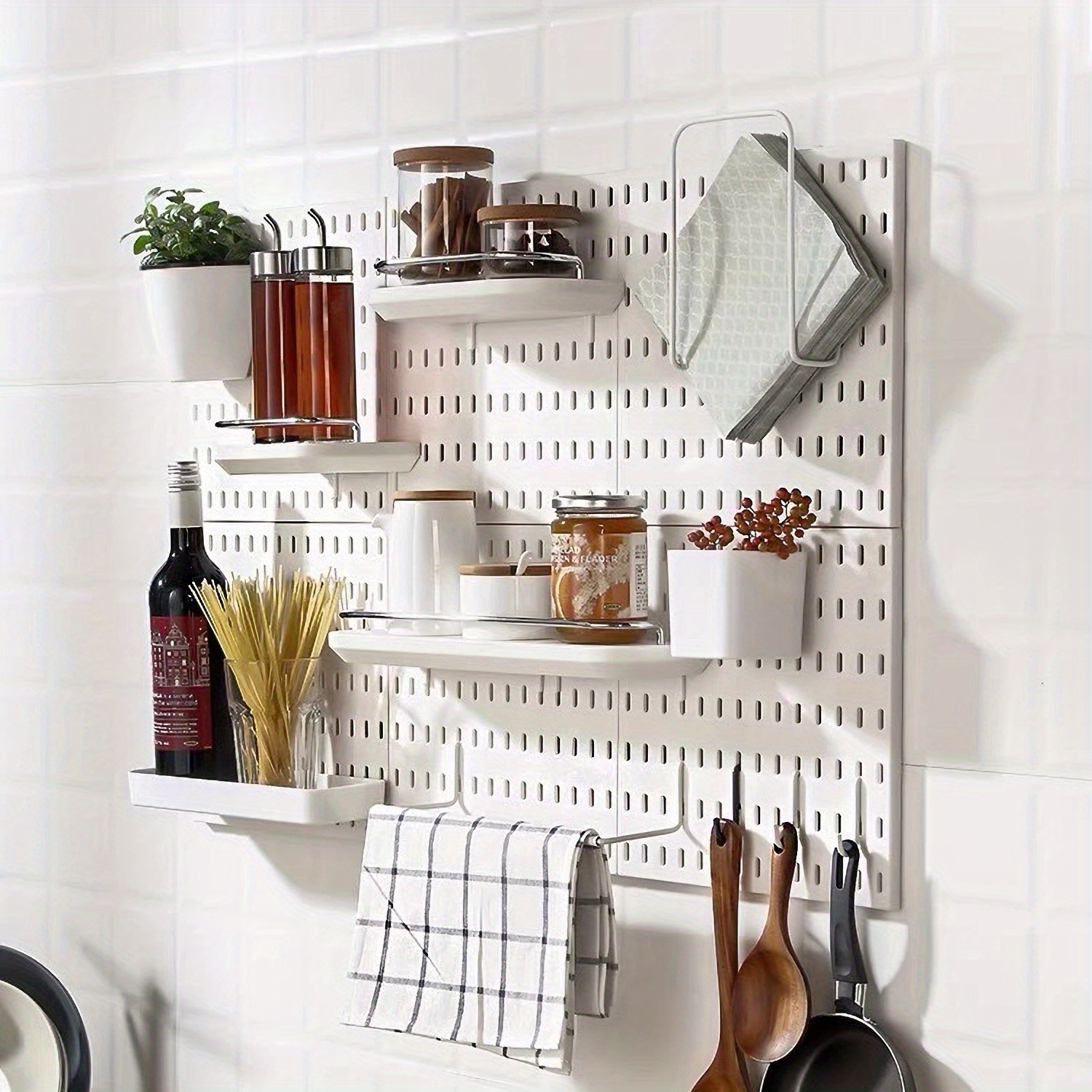 1-Pack Punch-Free Wall Storage Rack - Easy Installation No-Drill Adhesive Mounting, Durable Plastic/Metal Space-Saving Shelf for Kitchen Utensils, Spices, Towels - Household Organization Solution