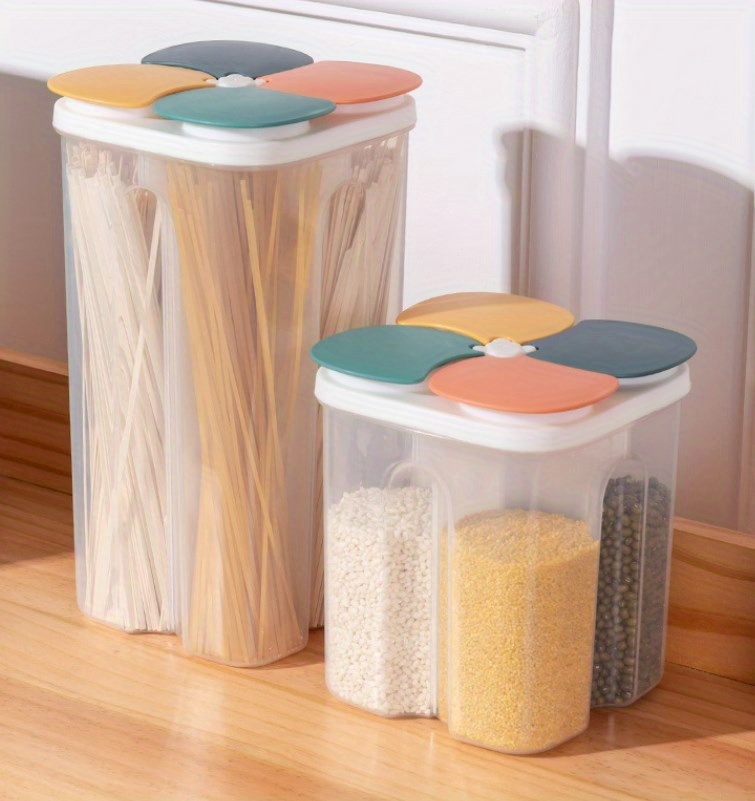 1pc 4 Grids Food Storage Containers With Lids, Clear Airtight Square Food Storage Tank, Multi-grid Moisture-proof Transparent Sealed Fresh-keeping Box, For Cereal, Rice, Pasta, Spice, Tea, Nuts And Beans, Food Jars & Canisters, Home Kitchen Supplies