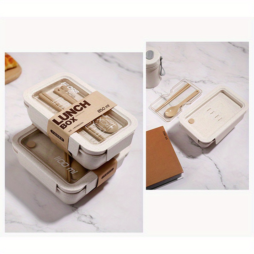 1 Set Insulated Lunch Box With Tableware For Office Workers, Square Divided Wheat Straw Microwave Oven Bento Box With Spoon And Chopsticks, Leakproof Food Container, Home Kitchen Supplies For Teenagers And Workers, For Back School, Classroom