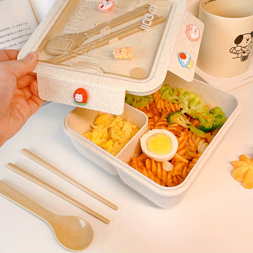 1 Set Insulated Lunch Box With Tableware For Office Workers, Square Divided Wheat Straw Microwave Oven Bento Box With Spoon And Chopsticks, Leakproof Food Container, Home Kitchen Supplies For Teenagers And Workers, For Back School, Classroom