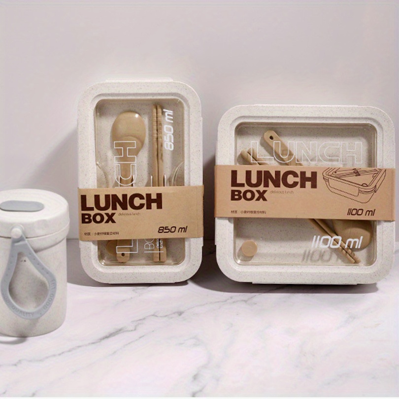 1 Set Insulated Lunch Box With Tableware For Office Workers, Square Divided Wheat Straw Microwave Oven Bento Box With Spoon And Chopsticks, Leakproof Food Container, Home Kitchen Supplies For Teenagers And Workers, For Back School, Classroom