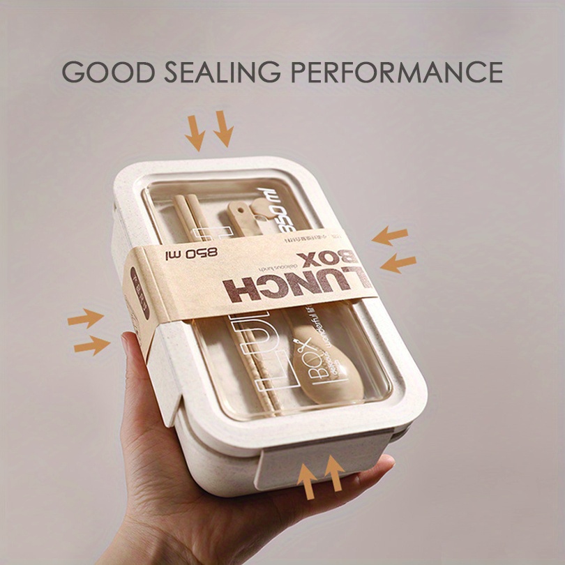 1 Set Insulated Lunch Box With Tableware For Office Workers, Square Divided Wheat Straw Microwave Oven Bento Box With Spoon And Chopsticks, Leakproof Food Container, Home Kitchen Supplies For Teenagers And Workers, For Back School, Classroom