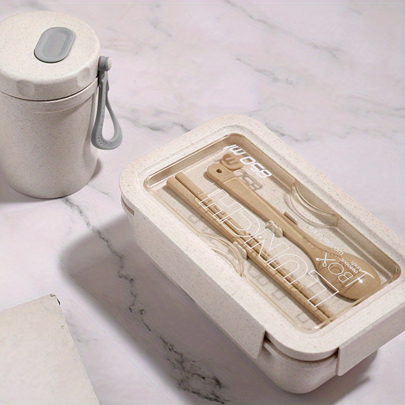 1 Set Insulated Lunch Box With Tableware For Office Workers, Square Divided Wheat Straw Microwave Oven Bento Box With Spoon And Chopsticks, Leakproof Food Container, Home Kitchen Supplies For Teenagers And Workers, For Back School, Classroom