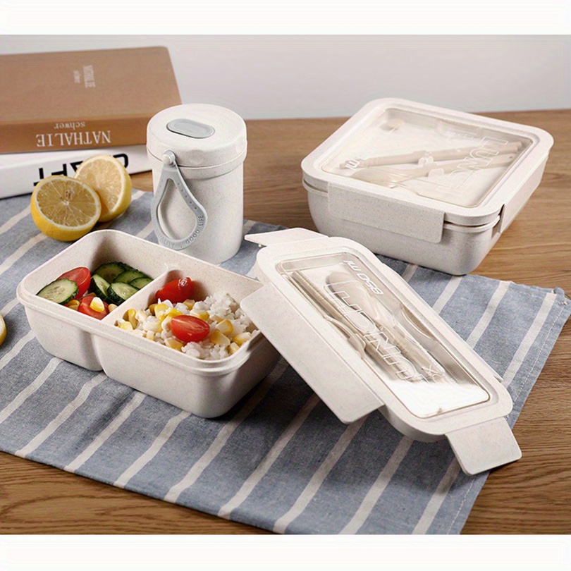 1 Set Insulated Lunch Box With Tableware For Office Workers, Square Divided Wheat Straw Microwave Oven Bento Box With Spoon And Chopsticks, Leakproof Food Container, Home Kitchen Supplies For Teenagers And Workers, For Back School, Classroom