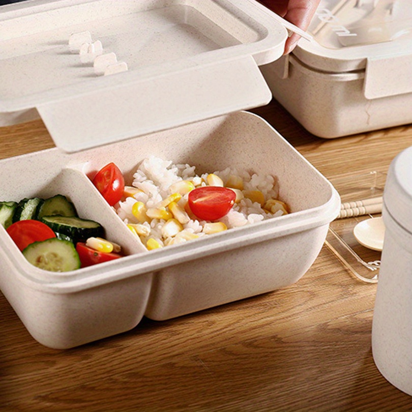 1 Set Insulated Lunch Box With Tableware For Office Workers, Square Divided Wheat Straw Microwave Oven Bento Box With Spoon And Chopsticks, Leakproof Food Container, Home Kitchen Supplies For Teenagers And Workers, For Back School, Classroom