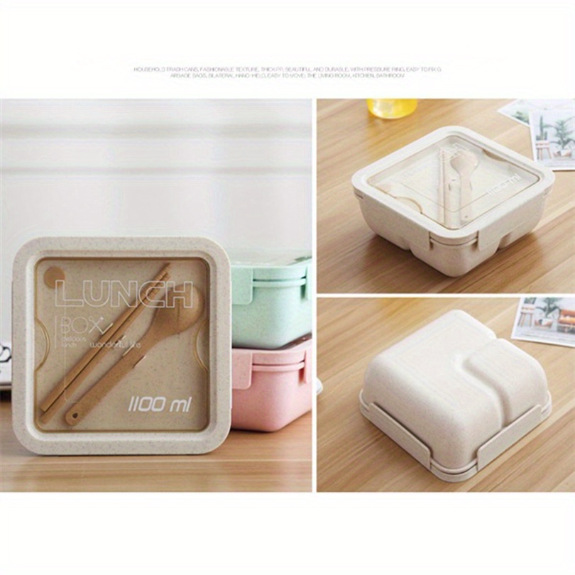 1 Set Insulated Lunch Box With Tableware For Office Workers, Square Divided Wheat Straw Microwave Oven Bento Box With Spoon And Chopsticks, Leakproof Food Container, Home Kitchen Supplies For Teenagers And Workers, For Back School, Classroom
