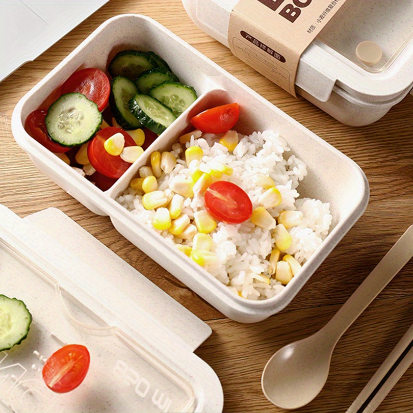 1 Set Insulated Lunch Box With Tableware For Office Workers, Square Divided Wheat Straw Microwave Oven Bento Box With Spoon And Chopsticks, Leakproof Food Container, Home Kitchen Supplies For Teenagers And Workers, For Back School, Classroom