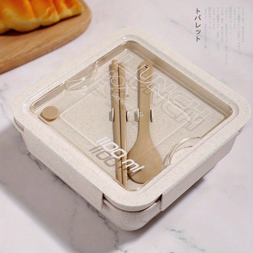 1 Set Insulated Lunch Box With Tableware For Office Workers, Square Divided Wheat Straw Microwave Oven Bento Box With Spoon And Chopsticks, Leakproof Food Container, Home Kitchen Supplies For Teenagers And Workers, For Back School, Classroom