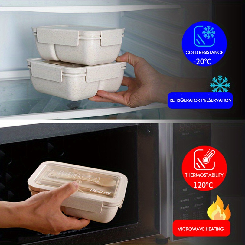 1 Set Insulated Lunch Box With Tableware For Office Workers, Square Divided Wheat Straw Microwave Oven Bento Box With Spoon And Chopsticks, Leakproof Food Container, Home Kitchen Supplies For Teenagers And Workers, For Back School, Classroom