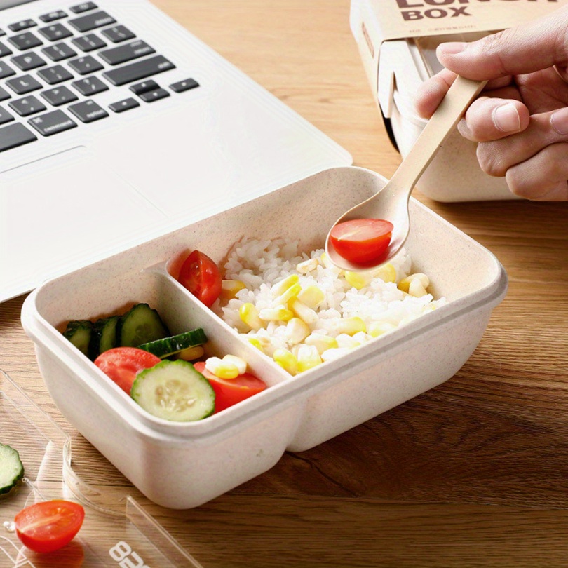 1 Set Insulated Lunch Box With Tableware For Office Workers, Square Divided Wheat Straw Microwave Oven Bento Box With Spoon And Chopsticks, Leakproof Food Container, Home Kitchen Supplies For Teenagers And Workers, For Back School, Classroom