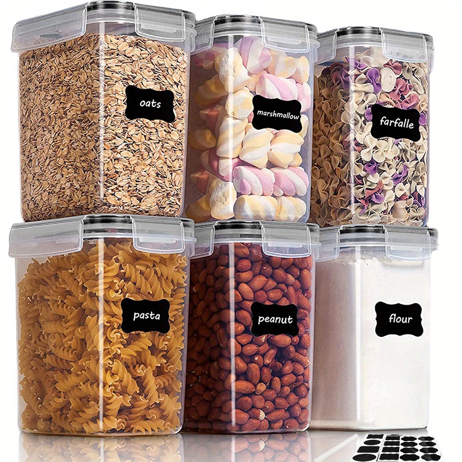 6-Pack Airtight Food Storage Containers Set, BPA-Free Plastic, 54oz/1.5qt/1.6L, Multipurpose Kitchen Pantry Organizers for Sugar, Flour, Pasta, Peanut, Dishwasher Safe, Includes Labels & Marker