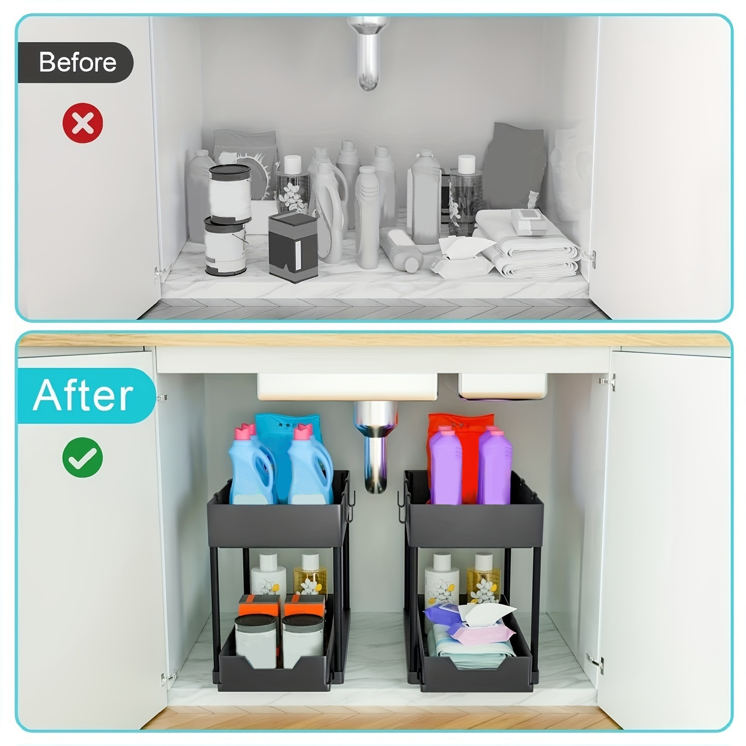 1pc 2-Tier Sliding Under Sink Organizer with Hooks, Plastic Cabinet Basket Storage Drawers for Bathroom Kitchen, Space Saver Bottom Shelf, Under Sink Organizers And Storage