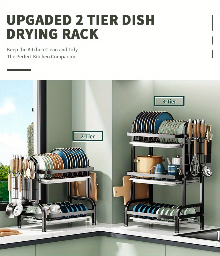 Dish Drying Rack, Space Saving Dish Rack, Dish Racks For Kitchen Counter With Cutting Board, 3 Tier Kitchen Drying Rack With A Cutlery Holder, Drying Rack For Dishes, Knives, Spoons, And Forks