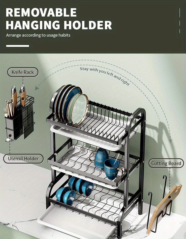 Dish Drying Rack, Space Saving Dish Rack, Dish Racks For Kitchen Counter With Cutting Board, 3 Tier Kitchen Drying Rack With A Cutlery Holder, Drying Rack For Dishes, Knives, Spoons, And Forks