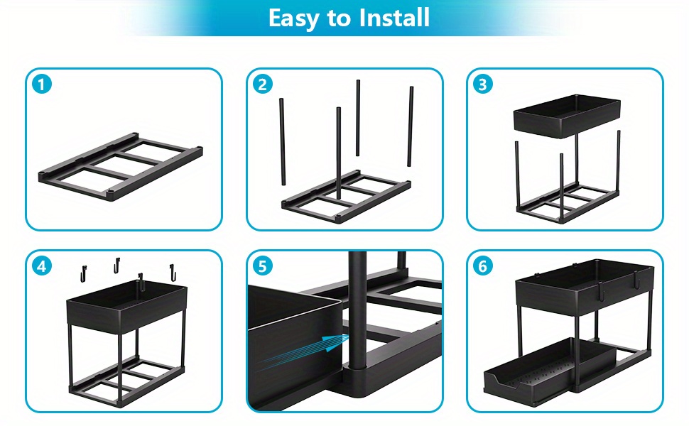 1pc 2-Tier Sliding Under Sink Organizer with Hooks, Plastic Cabinet Basket Storage Drawers for Bathroom Kitchen, Space Saver Bottom Shelf, Under Sink Organizers And Storage
