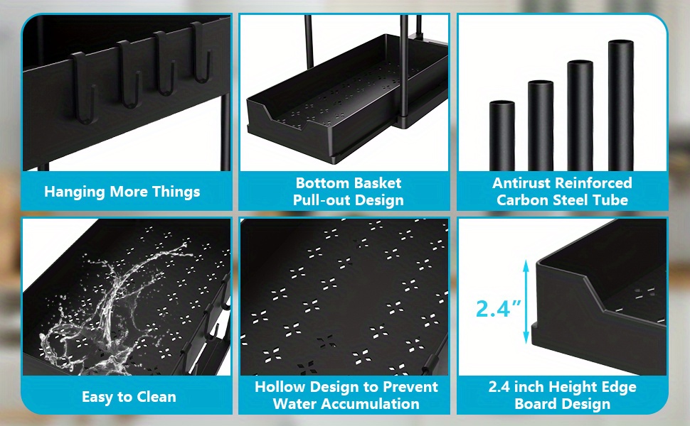 1pc 2-Tier Sliding Under Sink Organizer with Hooks, Plastic Cabinet Basket Storage Drawers for Bathroom Kitchen, Space Saver Bottom Shelf, Under Sink Organizers And Storage