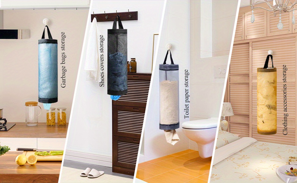 1pc Foldable Mesh Grocery Bag Holder, Breathable Plastic Bag Dispenser, Kitchen Garbage Bag Organizer with Hanging Storage