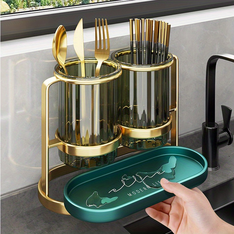 Luxury Metal & Plastic Cutlery Holder, Wall-Mounted Kitchen Utensil Caddy, Non-Food Contact, Modern Drainage Storage Rack for Knives, Forks, Spoons, Chopsticks Basket
