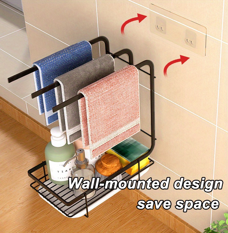 1pc Kitchen Dishcloth Towel Rack, Wall-Mounted Punch-Free Table Storage Rack, Scouring Pad Steel Wire Ball Draining Rack, Sponge Holder with Drain Pan for Kitchen Sink, Home Kitchen Supplies