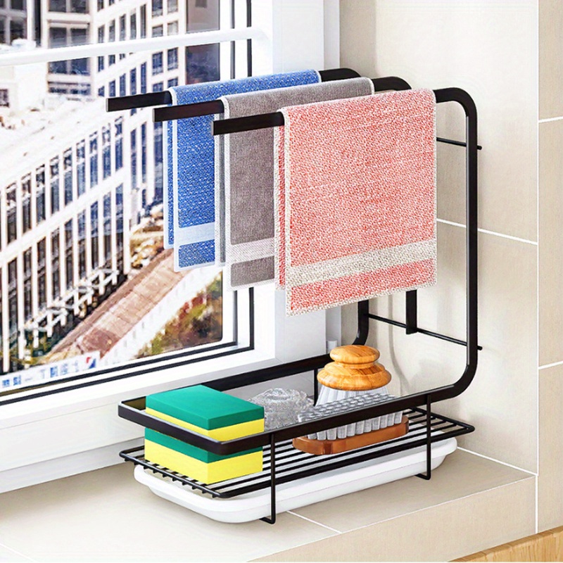 1pc Kitchen Dishcloth Towel Rack, Wall-Mounted Punch-Free Table Storage Rack, Scouring Pad Steel Wire Ball Draining Rack, Sponge Holder with Drain Pan for Kitchen Sink, Home Kitchen Supplies