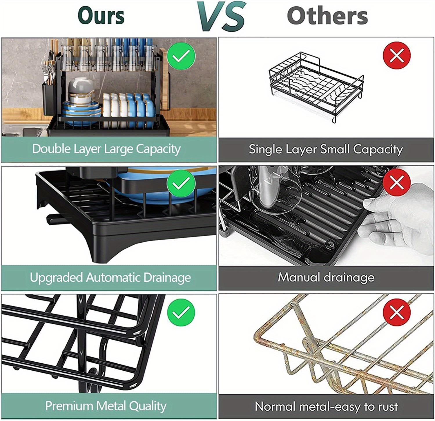 1pc Dish Drying Rack, Dish Rack for Kitchen Counter, 2 Tier Large Dish Drying Rack with Drainboard, Stainless Steel Dish Drainer with Drainage Utensil Holder, For Dish, Knives, Cup, Cutting Board, Kitchen Accessories