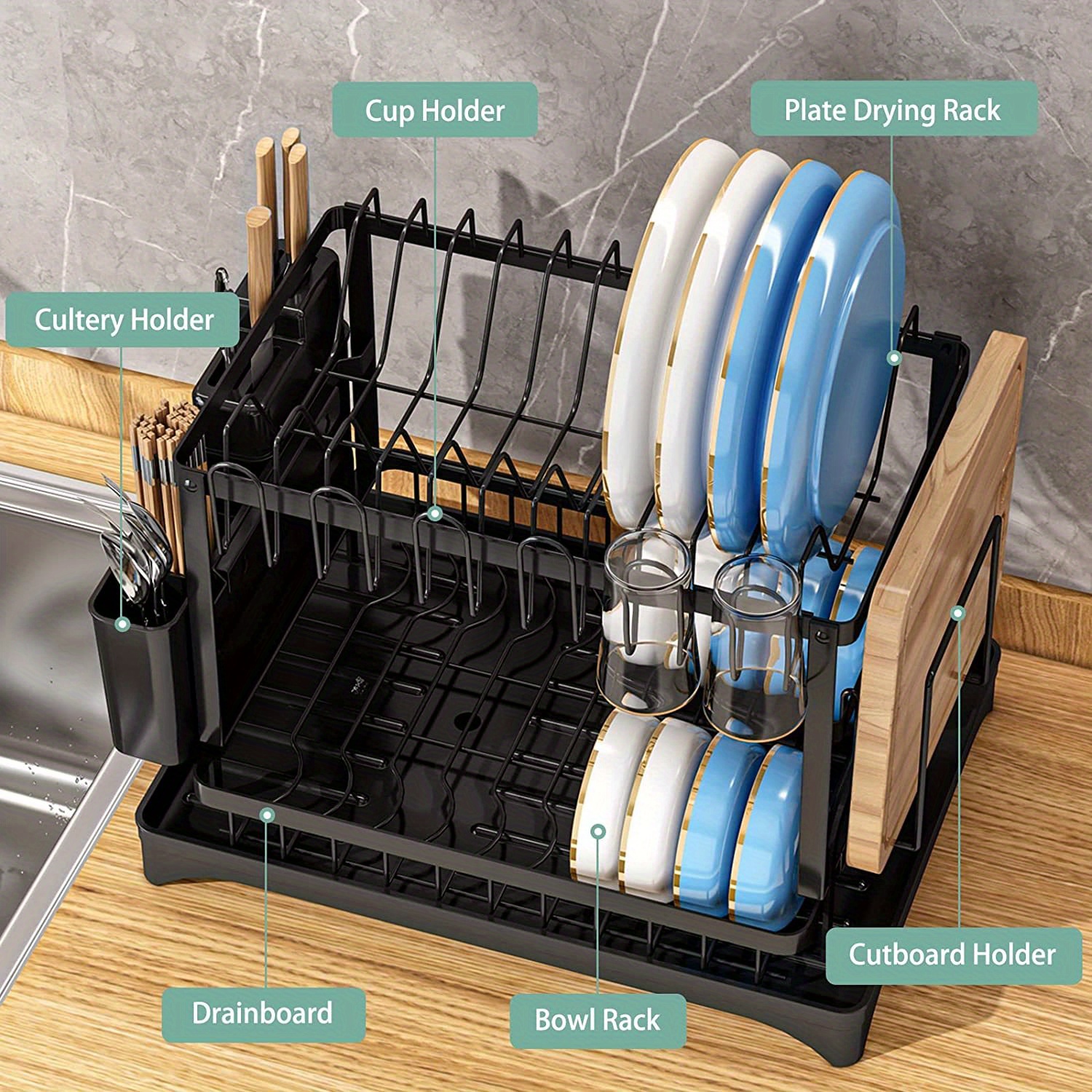 1pc Dish Drying Rack, Dish Rack for Kitchen Counter, 2 Tier Large Dish Drying Rack with Drainboard, Stainless Steel Dish Drainer with Drainage Utensil Holder, For Dish, Knives, Cup, Cutting Board, Kitchen Accessories