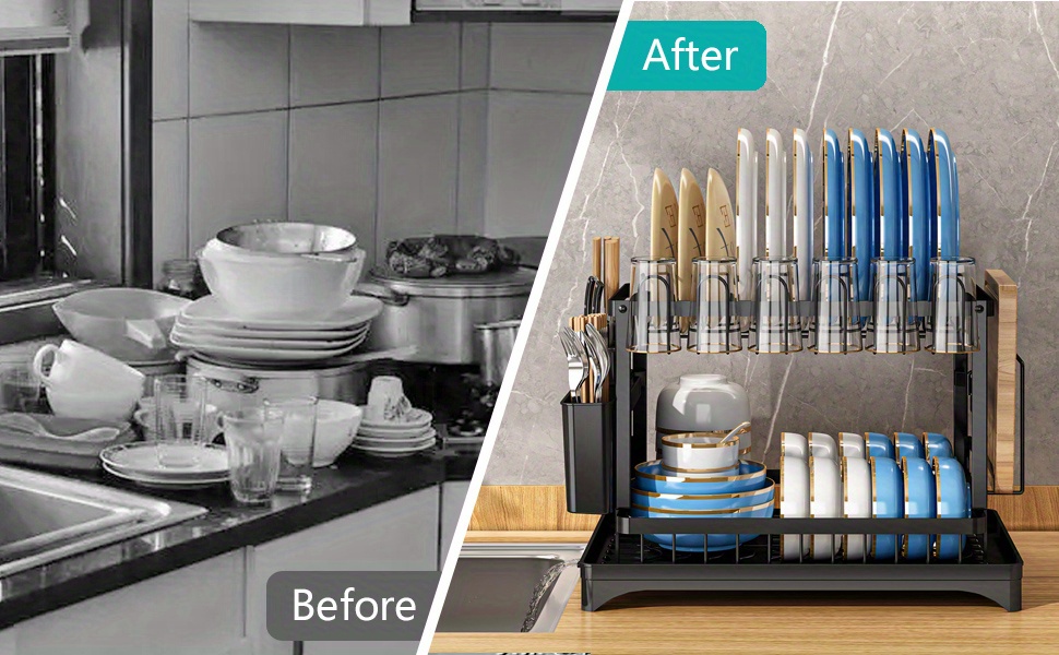 1pc Dish Drying Rack, Dish Rack for Kitchen Counter, 2 Tier Large Dish Drying Rack with Drainboard, Stainless Steel Dish Drainer with Drainage Utensil Holder, For Dish, Knives, Cup, Cutting Board, Kitchen Accessories