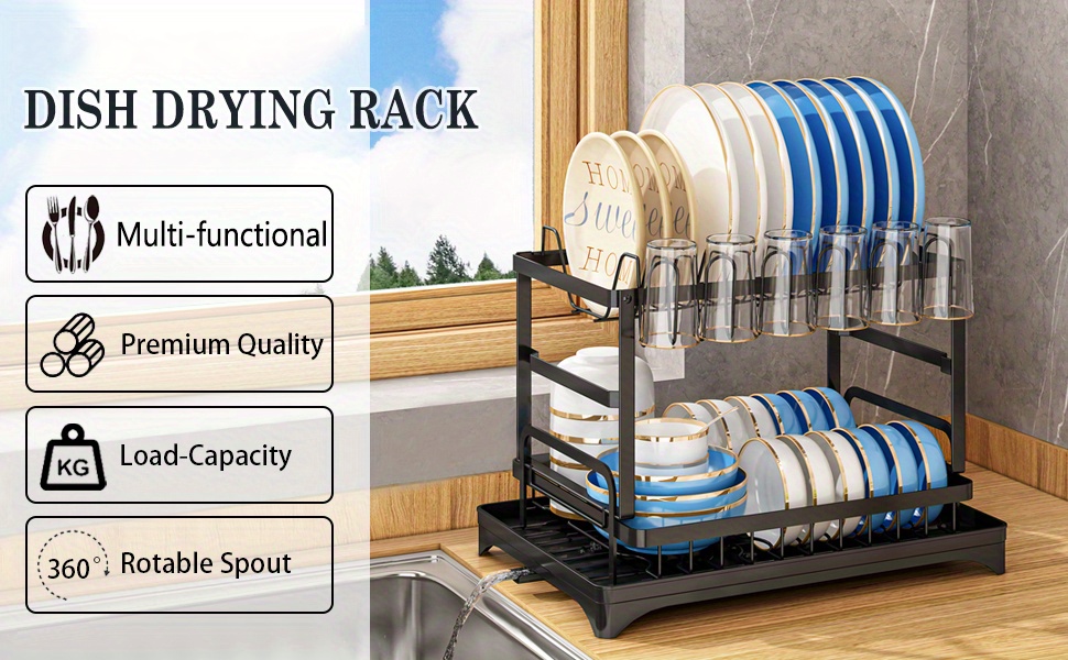 1pc Dish Drying Rack, Dish Rack for Kitchen Counter, 2 Tier Large Dish Drying Rack with Drainboard, Stainless Steel Dish Drainer with Drainage Utensil Holder, For Dish, Knives, Cup, Cutting Board, Kitchen Accessories