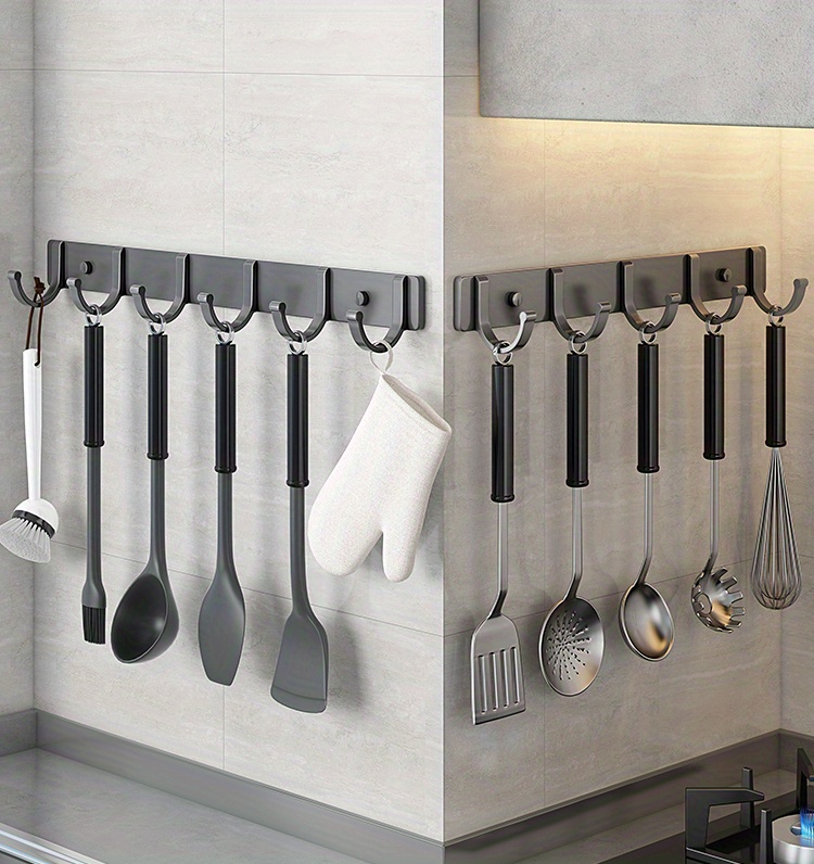 1pc Wall Mount Hanging Rod With 3/4/6 Hooks, Heavy Duty Wall Door Counter Cabinet Coat Hanger Towel Rack For Bathroom Living Room Kitchen, Utensil Rack, Modern Wall Rod Storage Hook, Kitchenware Storage Rack Organizer, Kitchen Accessories