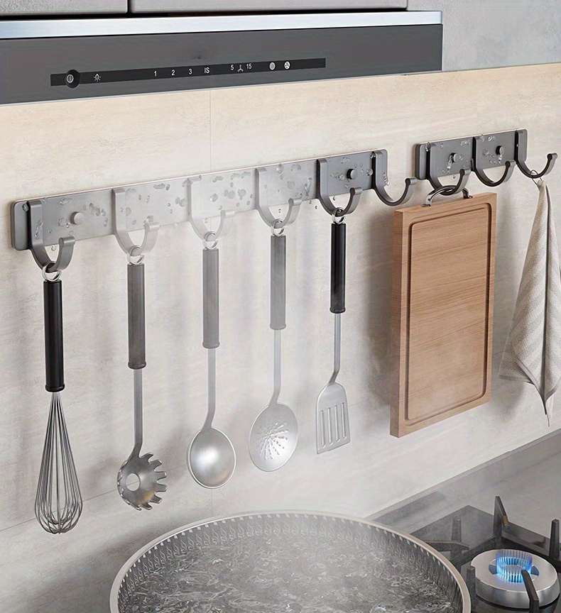 1pc Wall Mount Hanging Rod With 3/4/6 Hooks, Heavy Duty Wall Door Counter Cabinet Coat Hanger Towel Rack For Bathroom Living Room Kitchen, Utensil Rack, Modern Wall Rod Storage Hook, Kitchenware Storage Rack Organizer, Kitchen Accessories