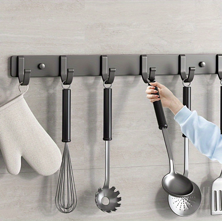 1pc Wall Mount Hanging Rod With 3/4/6 Hooks, Heavy Duty Wall Door Counter Cabinet Coat Hanger Towel Rack For Bathroom Living Room Kitchen, Utensil Rack, Modern Wall Rod Storage Hook, Kitchenware Storage Rack Organizer, Kitchen Accessories