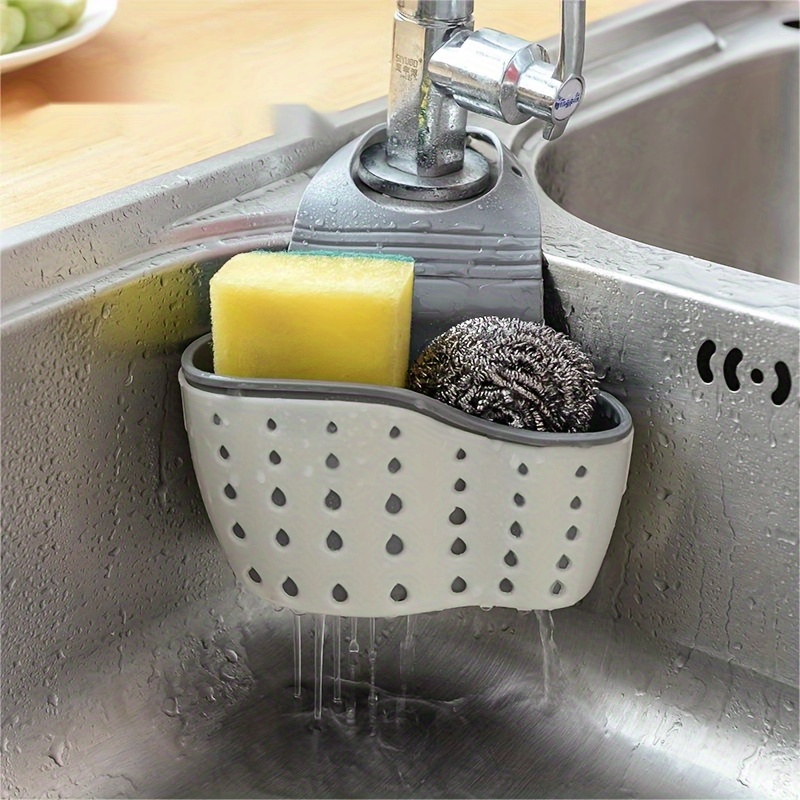 1pc Sink Sponge Rack, Sink Organizer Silicone Storage Box, Hangable Multifunctional Drainage Adjustable Shoulder Strap, Sponge Rack For Kitchen Sink Absorption And Kitchen Bathroom Faucet Hanging Basket Storage, Kitchen Supplies