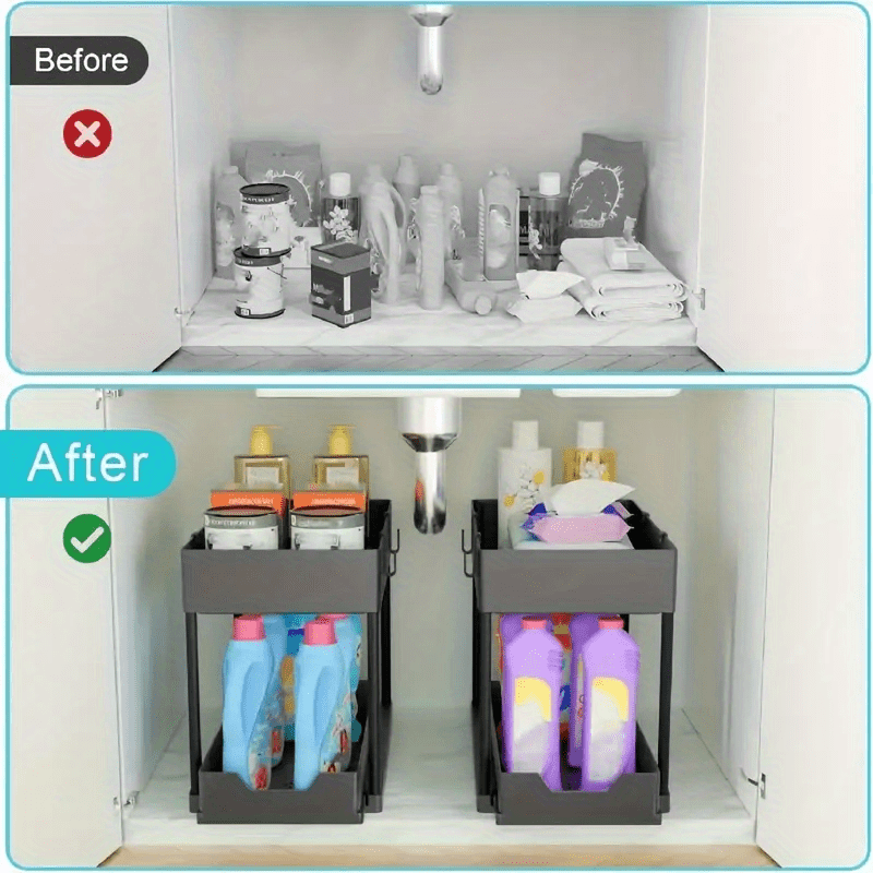 1pc Under Sink Organizer With Sliding Drawer, 2-Tier Sliding Cabinet Basket, Bathroom Kitchen Cabinet Organizer With Hooks, Storage Cup, Home Kitchen Accessories