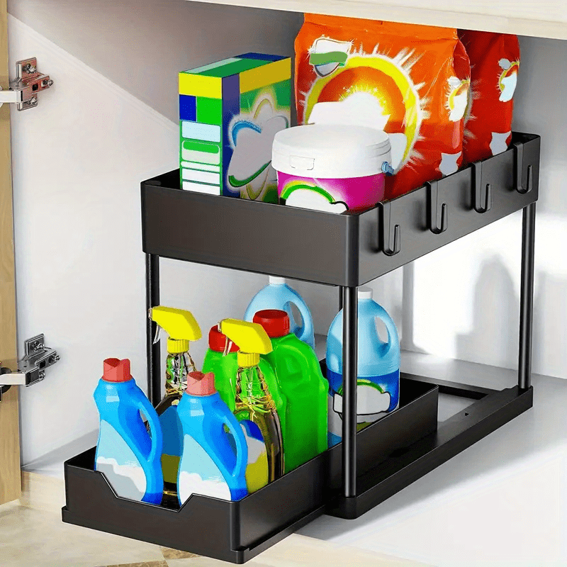 1pc Under Sink Organizer With Sliding Drawer, 2-Tier Sliding Cabinet Basket, Bathroom Kitchen Cabinet Organizer With Hooks, Storage Cup, Home Kitchen Accessories