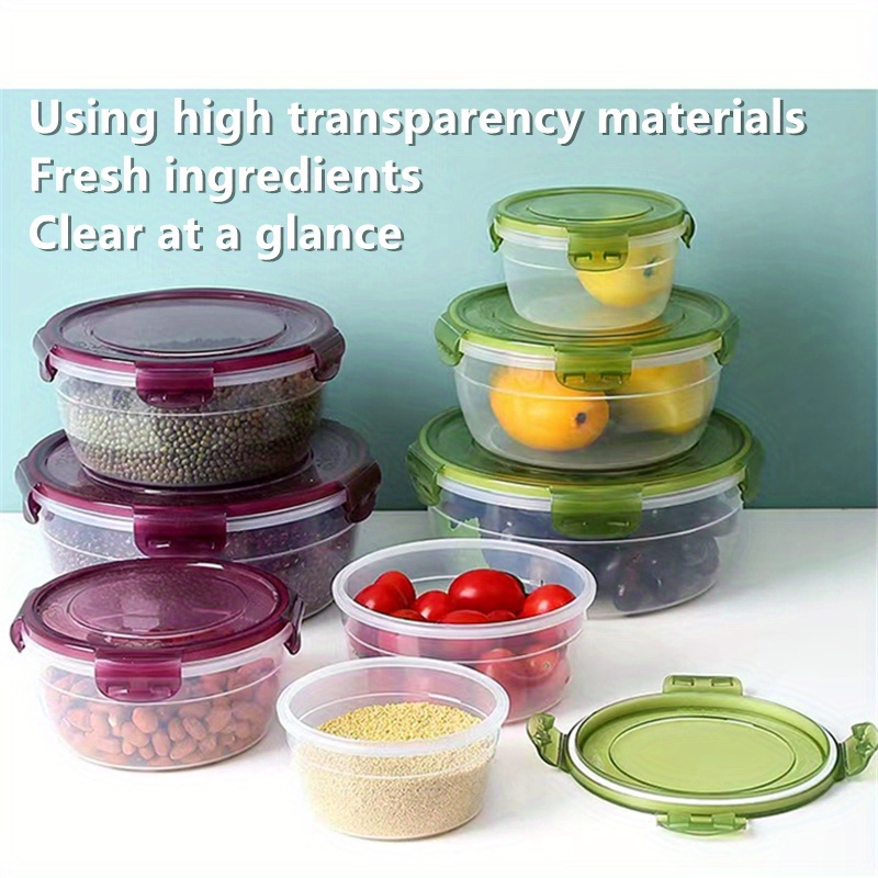 Kitchen plastic convenience box/circular plastic lunch box/refrigerator food storage sealed box, green/red, 2200ml/1300ml/800ml/400ml 4pcs set, can be heated in the microwave, can be refrigerated in the refrigerator