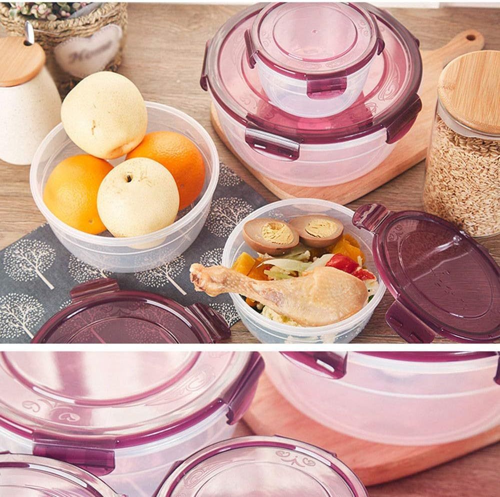 Kitchen plastic convenience box/circular plastic lunch box/refrigerator food storage sealed box, green/red, 2200ml/1300ml/800ml/400ml 4pcs set, can be heated in the microwave, can be refrigerated in the refrigerator