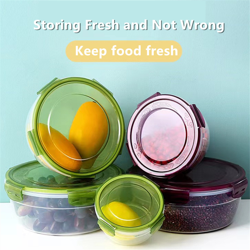 Kitchen plastic convenience box/circular plastic lunch box/refrigerator food storage sealed box, green/red, 2200ml/1300ml/800ml/400ml 4pcs set, can be heated in the microwave, can be refrigerated in the refrigerator