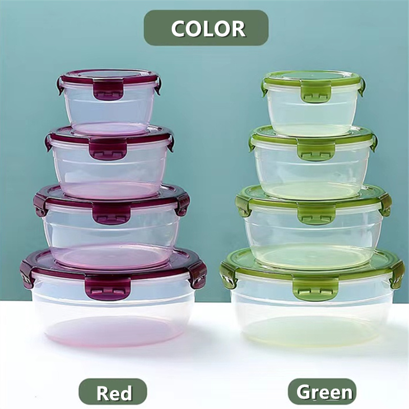 Kitchen plastic convenience box/circular plastic lunch box/refrigerator food storage sealed box, green/red, 2200ml/1300ml/800ml/400ml 4pcs set, can be heated in the microwave, can be refrigerated in the refrigerator