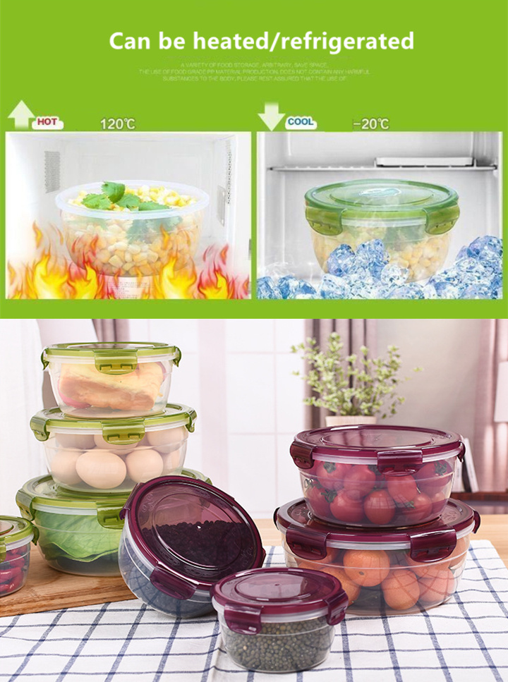 Kitchen plastic convenience box/circular plastic lunch box/refrigerator food storage sealed box, green/red, 2200ml/1300ml/800ml/400ml 4pcs set, can be heated in the microwave, can be refrigerated in the refrigerator