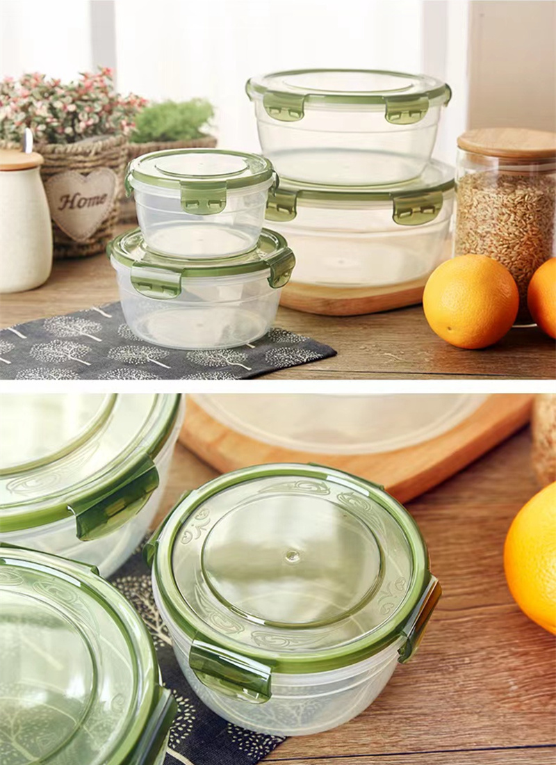 Kitchen plastic convenience box/circular plastic lunch box/refrigerator food storage sealed box, green/red, 2200ml/1300ml/800ml/400ml 4pcs set, can be heated in the microwave, can be refrigerated in the refrigerator