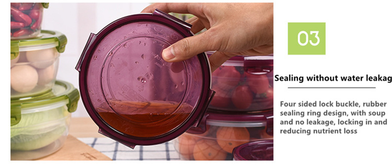 Kitchen plastic convenience box/circular plastic lunch box/refrigerator food storage sealed box, green/red, 2200ml/1300ml/800ml/400ml 4pcs set, can be heated in the microwave, can be refrigerated in the refrigerator