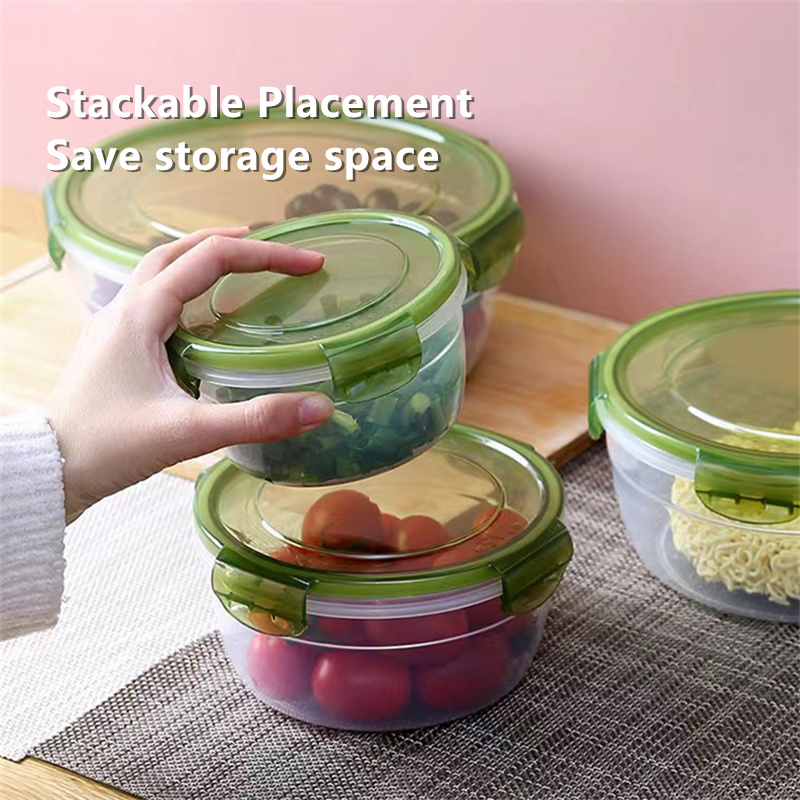 Kitchen plastic convenience box/circular plastic lunch box/refrigerator food storage sealed box, green/red, 2200ml/1300ml/800ml/400ml 4pcs set, can be heated in the microwave, can be refrigerated in the refrigerator