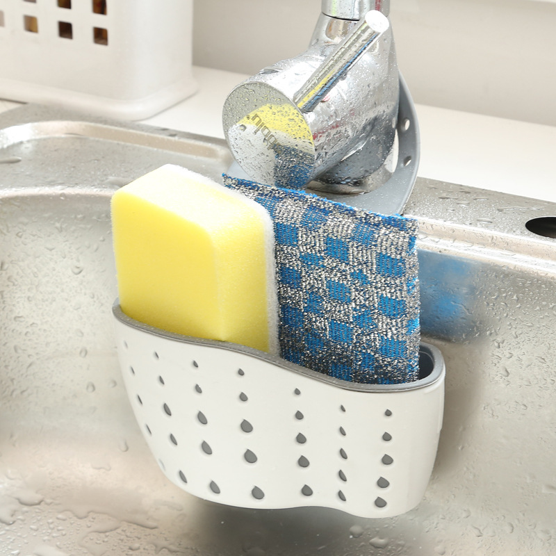 1pc Adjustable Sink Sponge Holder - Space-Saving Kitchen Organizer with Drain Basket, Beige & Gray, Perfect for Sponges, Brushes, and Small Items, Easy Faucet Installation