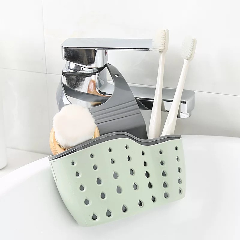 1pc Adjustable Sink Sponge Holder - Space-Saving Kitchen Organizer with Drain Basket, Beige & Gray, Perfect for Sponges, Brushes, and Small Items, Easy Faucet Installation