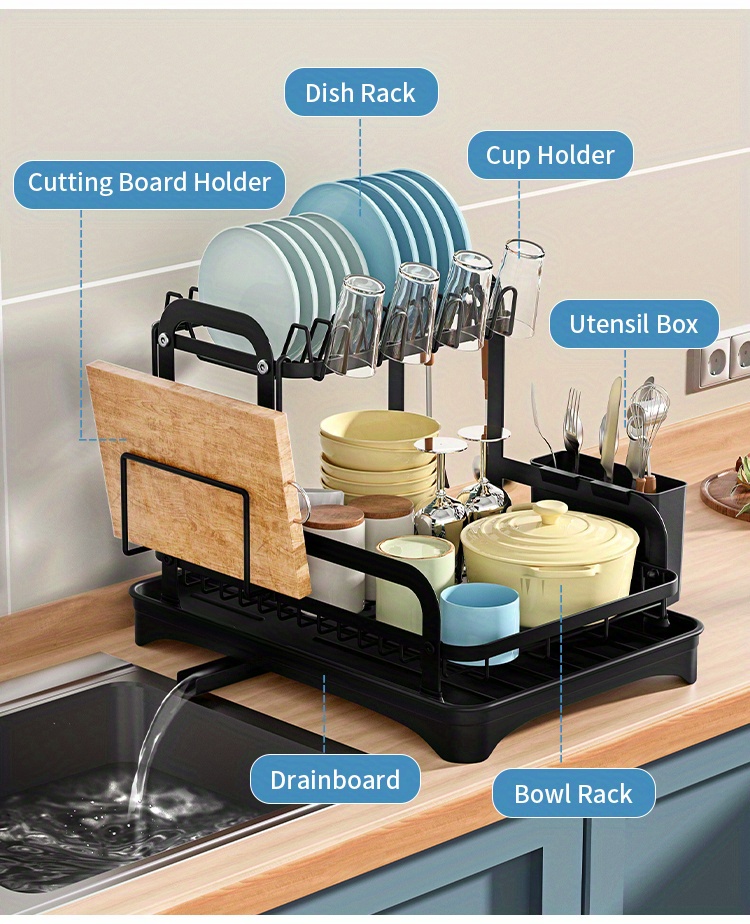 1pc Dish Drying Rack For Kitchen Counter Over The Sink, Larger 2-Tier Dish Drying Rack Drainboard Set With Double-Layer Bowl Rack, Cup Rack, Cutting Board, Kitchen Accessories