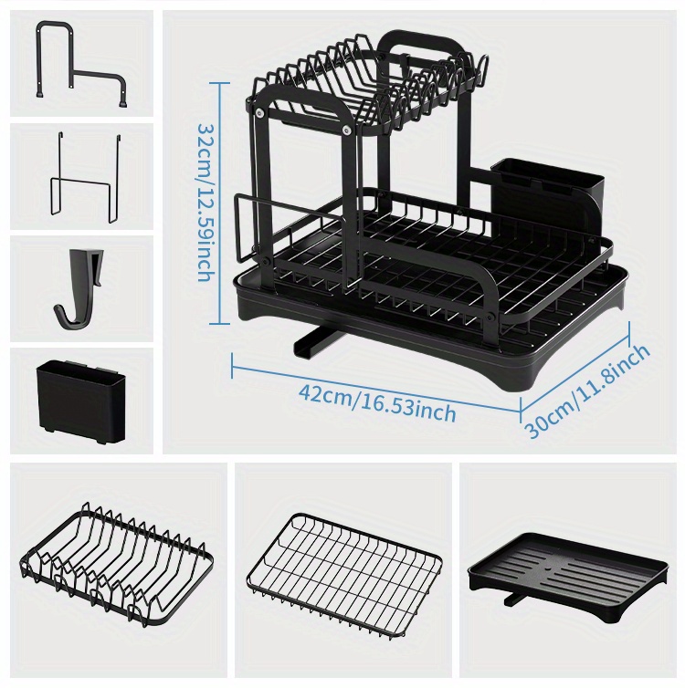 1pc Dish Drying Rack For Kitchen Counter Over The Sink, Larger 2-Tier Dish Drying Rack Drainboard Set With Double-Layer Bowl Rack, Cup Rack, Cutting Board, Kitchen Accessories