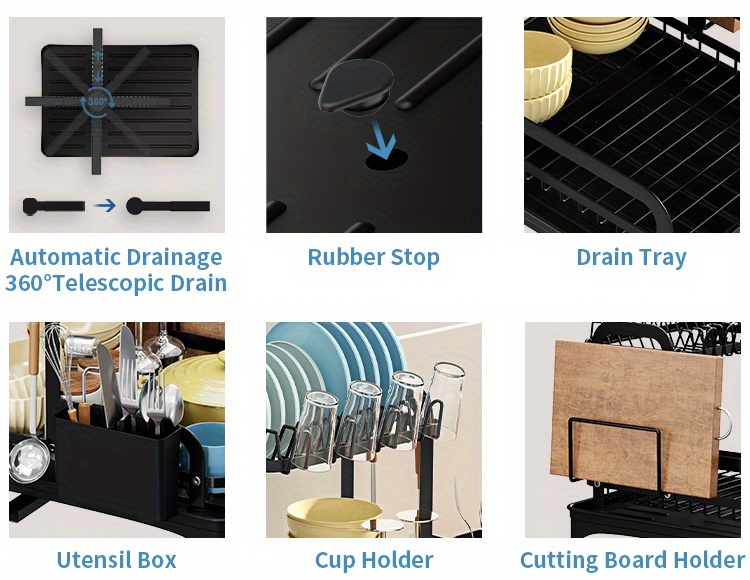 1pc Dish Drying Rack For Kitchen Counter Over The Sink, Larger 2-Tier Dish Drying Rack Drainboard Set With Double-Layer Bowl Rack, Cup Rack, Cutting Board, Kitchen Accessories