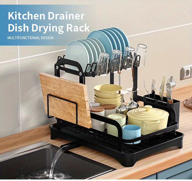 1pc Dish Drying Rack For Kitchen Counter Over The Sink, Larger 2-Tier Dish Drying Rack Drainboard Set With Double-Layer Bowl Rack, Cup Rack, Cutting Board, Kitchen Accessories