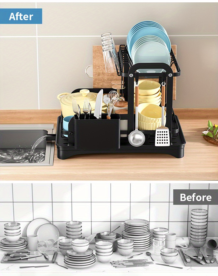 1pc Dish Drying Rack For Kitchen Counter Over The Sink, Larger 2-Tier Dish Drying Rack Drainboard Set With Double-Layer Bowl Rack, Cup Rack, Cutting Board, Kitchen Accessories