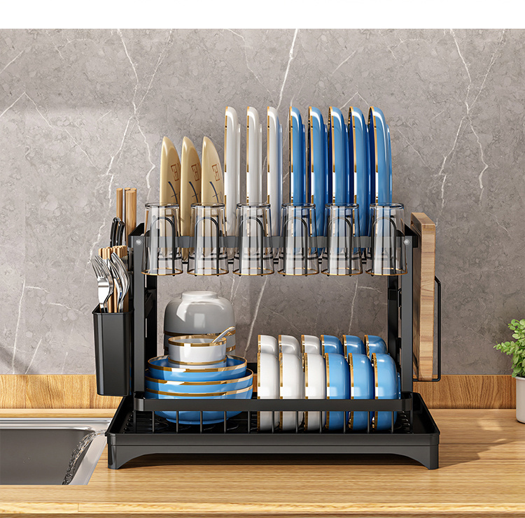 Two-Tier Dish Drying Rack, Rustproof Kitchen Rack with Drainboard And Utensil Holder for Countertop